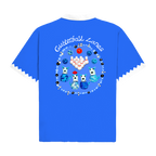 Blue James Marriott bowling shirt with a colorful design and 'Gutterball Lanes' text on the back.