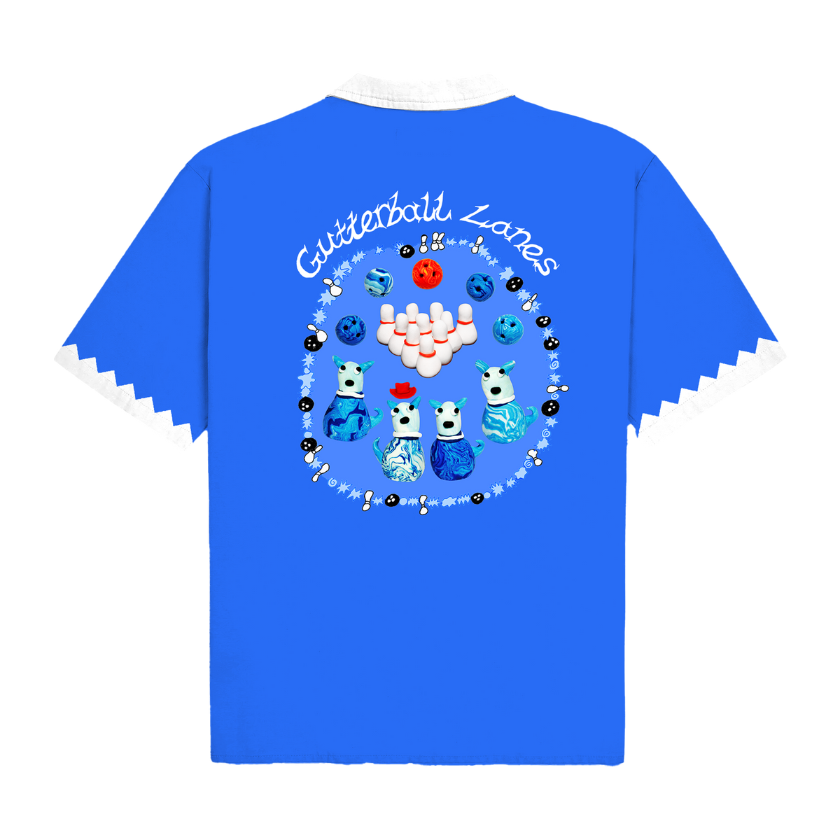 Blue James Marriott bowling shirt with a colorful design and 'Gutterball Lanes' text on the back.