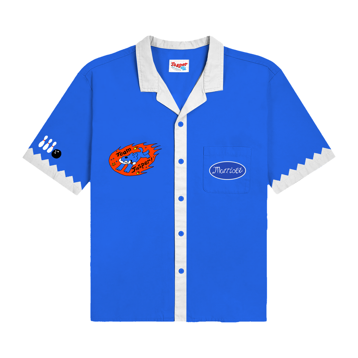 Blue James Marriott bowling shirt with white accents and graphic logos.
