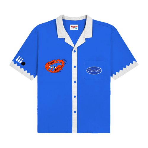 Blue James Marriott bowling shirt with white accents and graphic logos.
