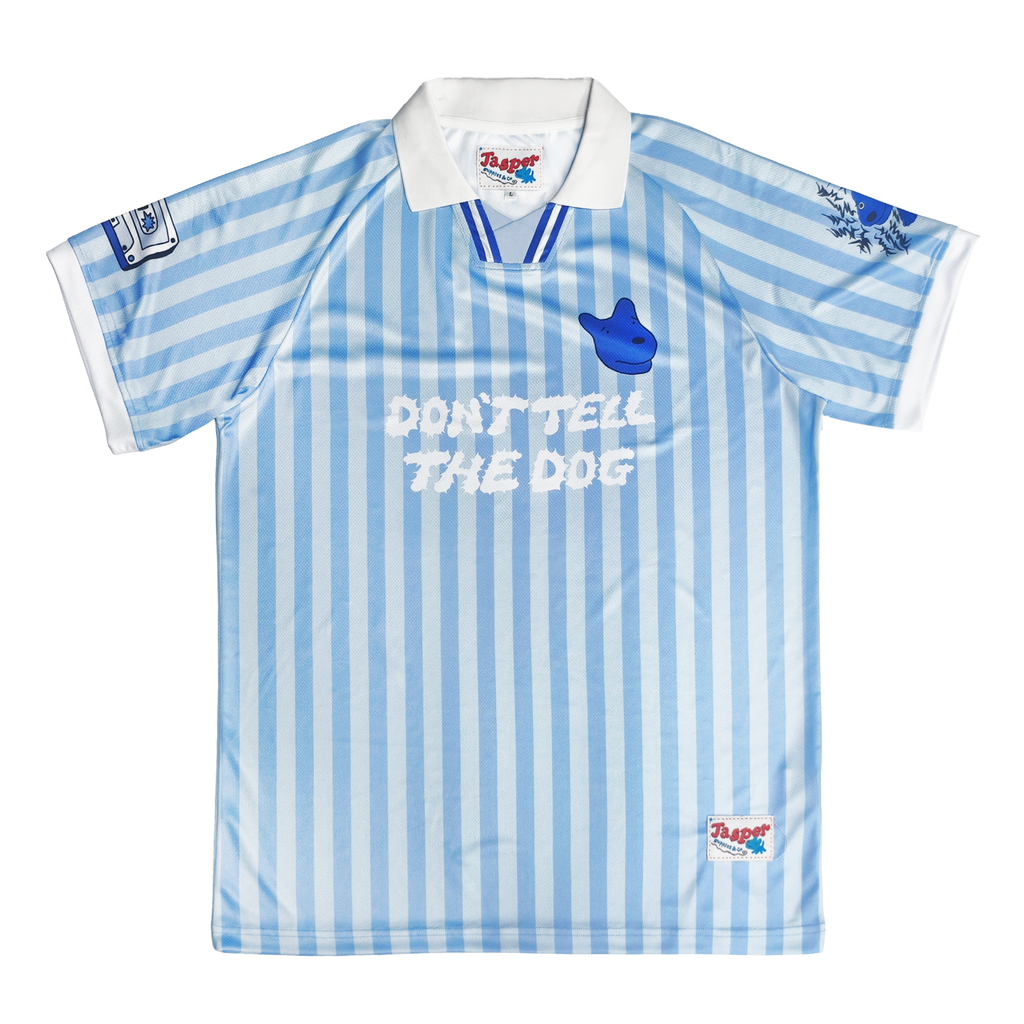 Blue and white striped James Marriott football shirt with text 'Don't Tell The Dog' 